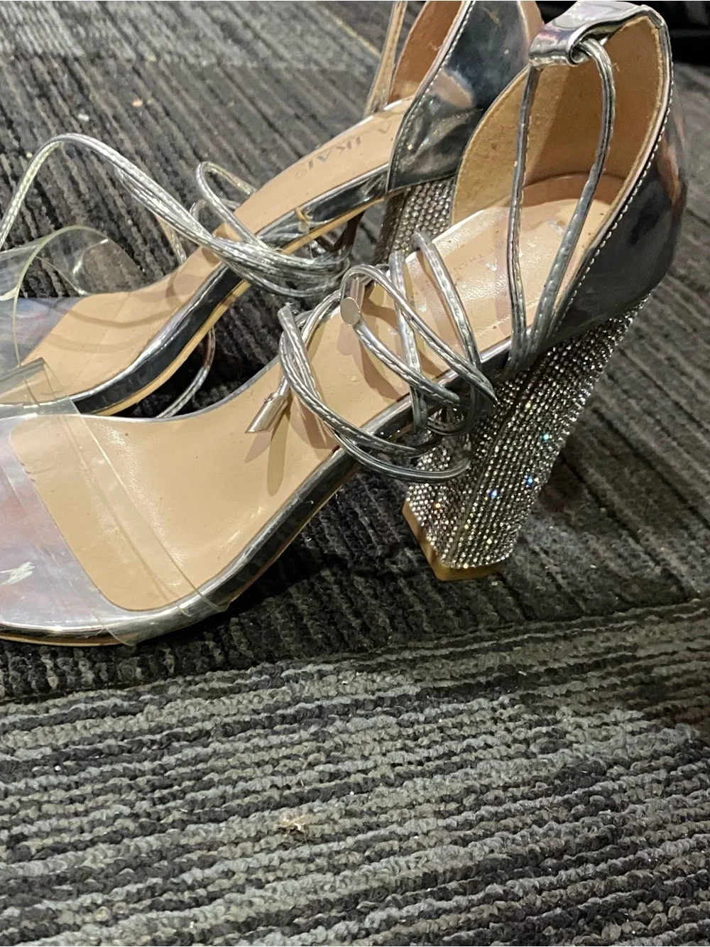 Silver Strappy Block Heel Sandals for Women